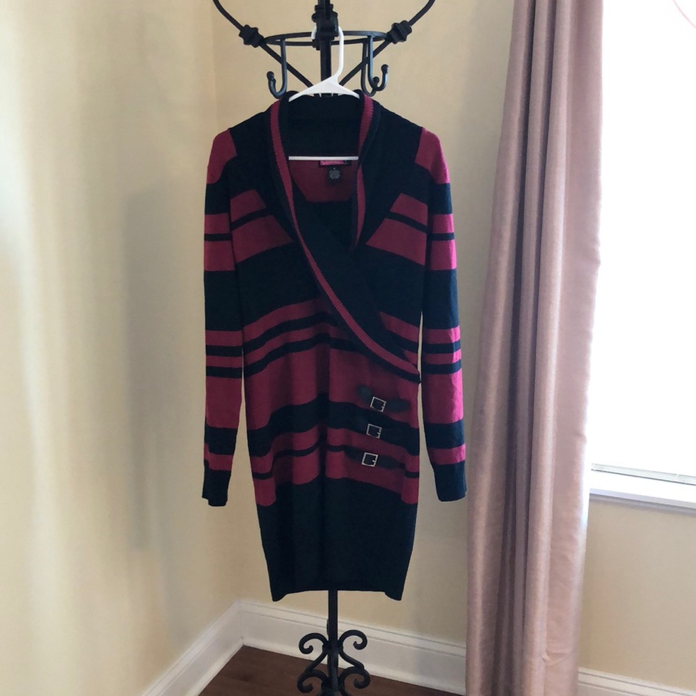 Cowl Neck Striped Sweater Dress